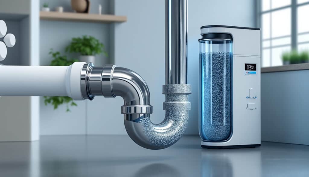 l’adoucisseur d’eau prévient l’accumulation de calcaire dans les canalisations, prolongeant leur durée de vie et améliorant la qualité de l’eau.